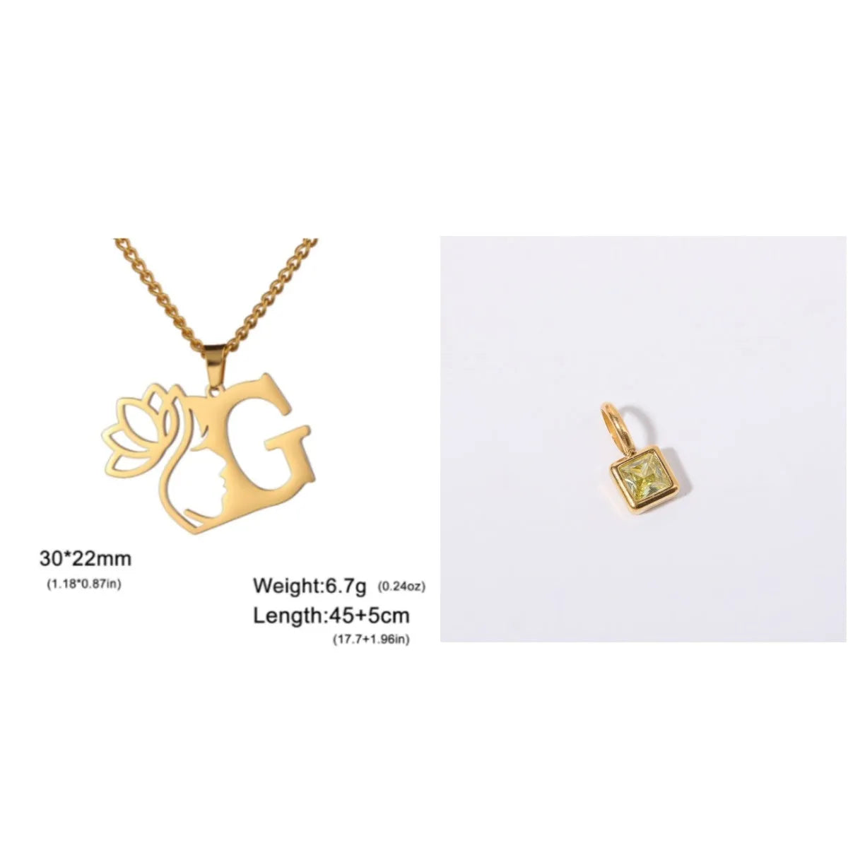 Stainless steel necklace with cross chain design and single letter pendant in gold or silver electroplated finish