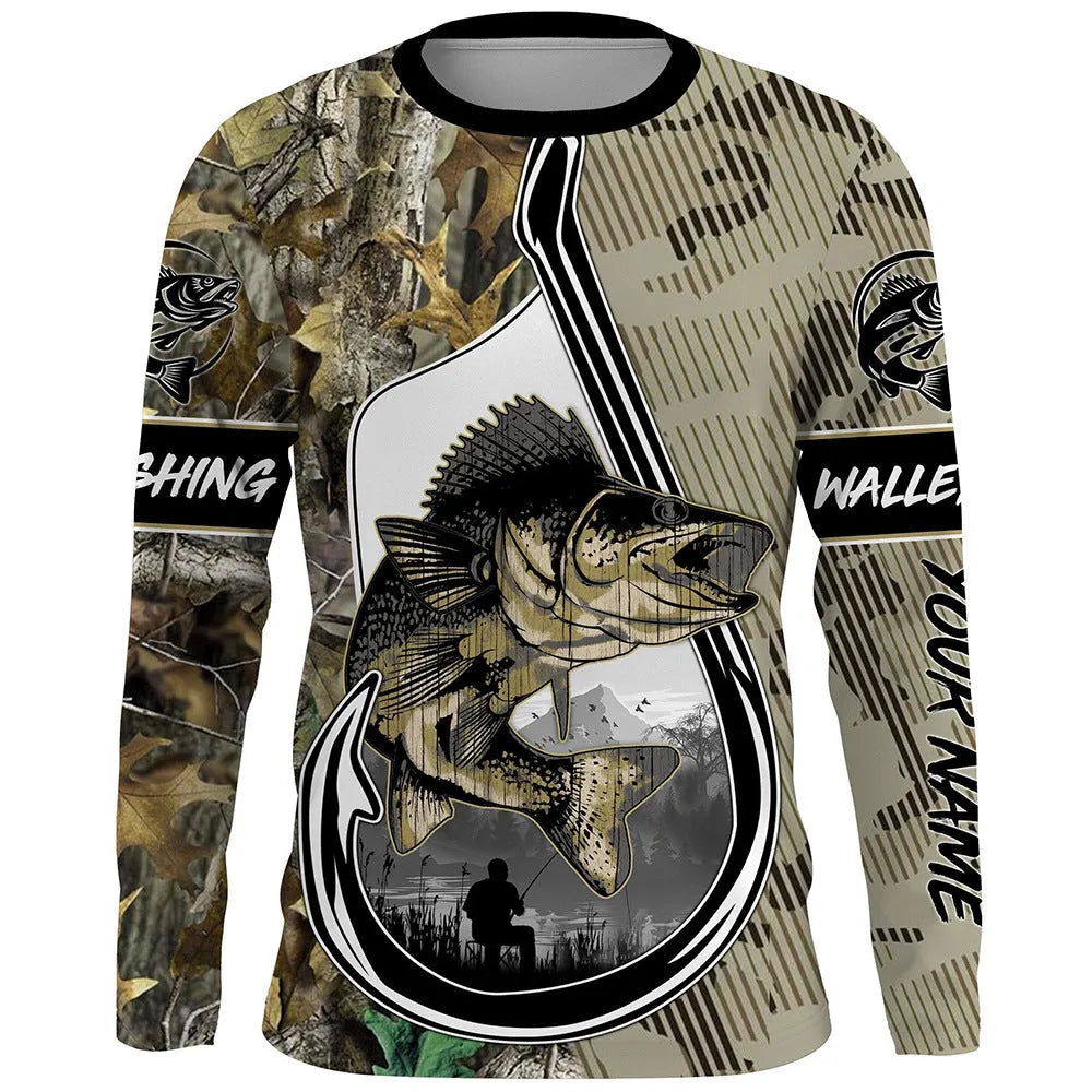 Men's grey round neck long sleeve pullover with a large colourful fish graphic print on the front.