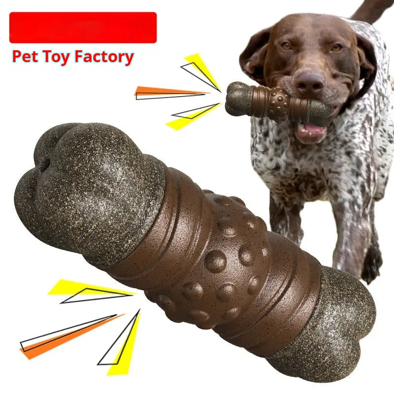 Wood-colour plastic bone-shaped dog toy for dental cleaning and chewing