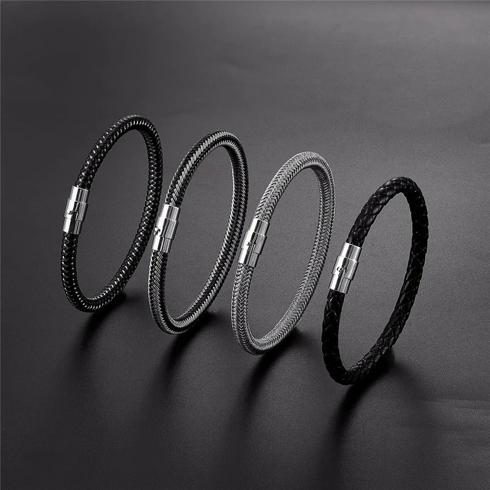 Titanium steel wire bracelet with magnetic clasp and geometric charm in unisex boyfriend style