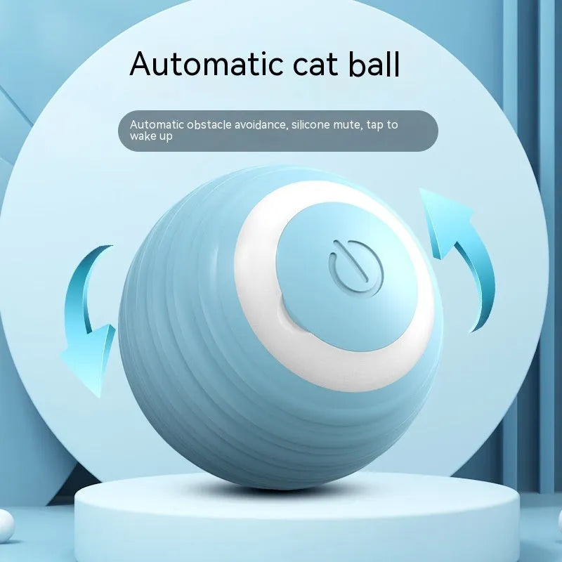 Blue automatic moving cat ball toy with USB charging cable for indoor feline entertainment