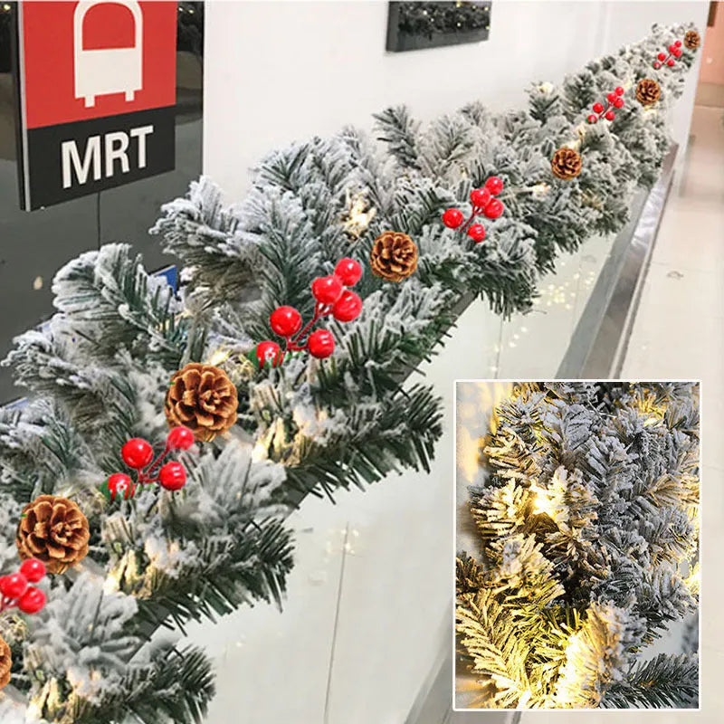 Christmas rattan wreath with white flocking snow decoration in American style