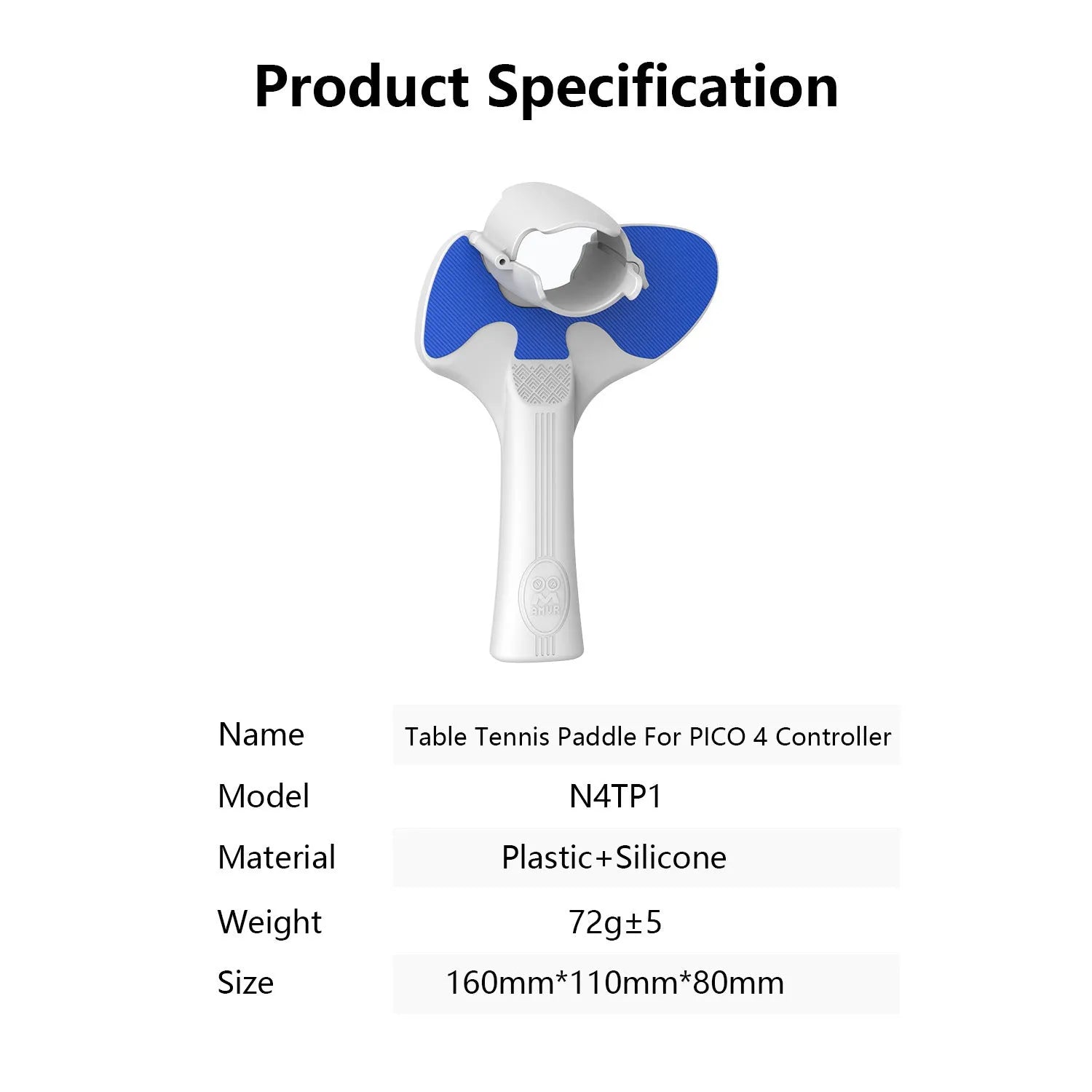 Red and blue plastic silicone table tennis racket grip accessory for Pico 4 VR controller measuring 160x110x80mm