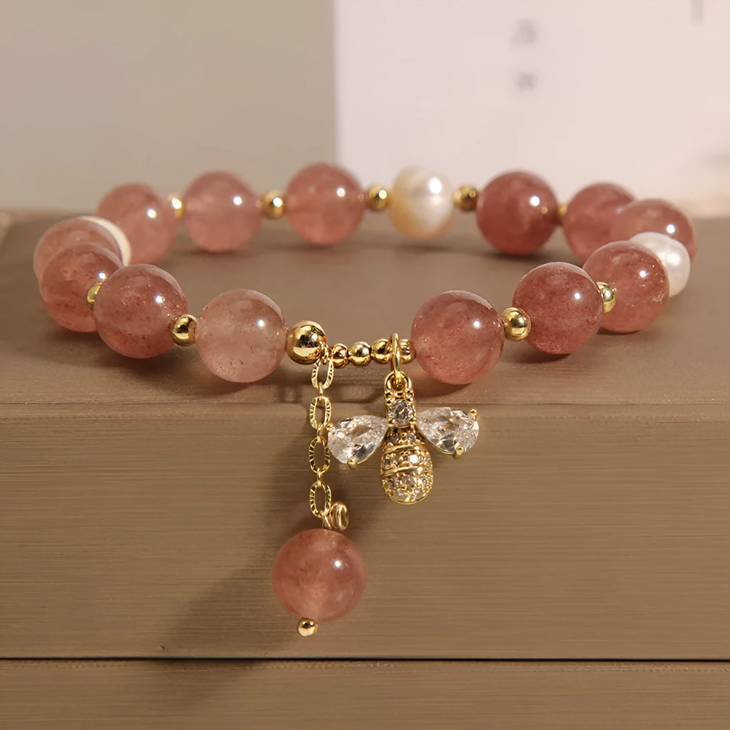 Women's pink strawberry quartz and white freshwater pearl bracelet with zircon accents on alloy chain