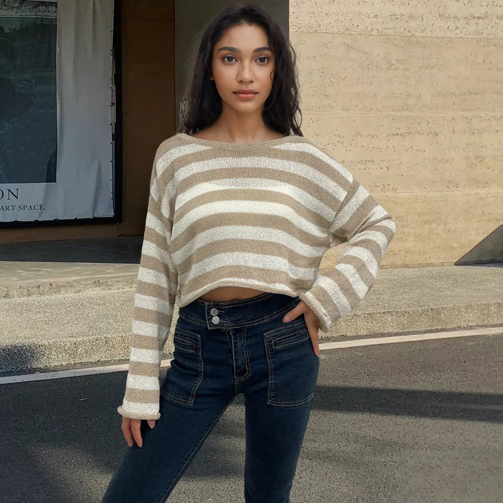 A woman's striped long-sleeve pullover sweater with a front and back wearable design in mercerised cotton.