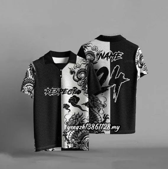 Black loose-fit t-shirt with 3D digital printing design, short sleeves, polyester fabric