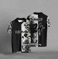 Black loose-fit t-shirt with 3D digital printing design, short sleeves, polyester fabric