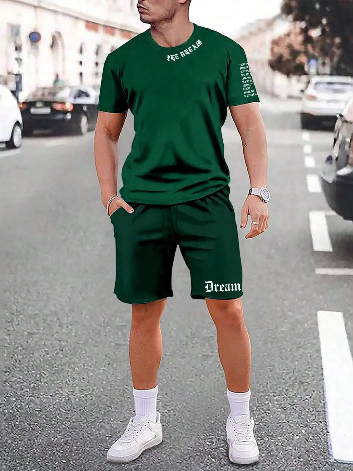 Men's sports shorts and t-shirt set in cotton blend fabric with printed pattern