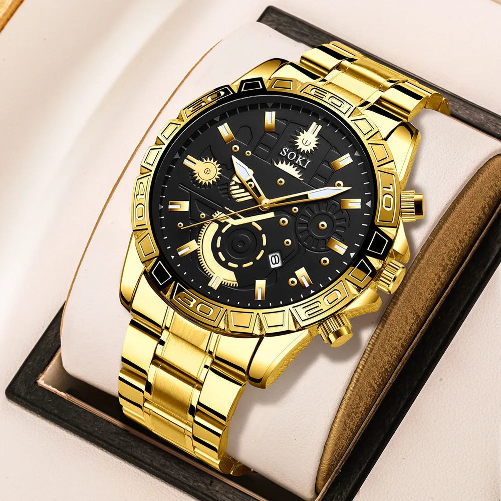 Gold-coloured men's stainless steel business quartz watch with calendar on wrist.