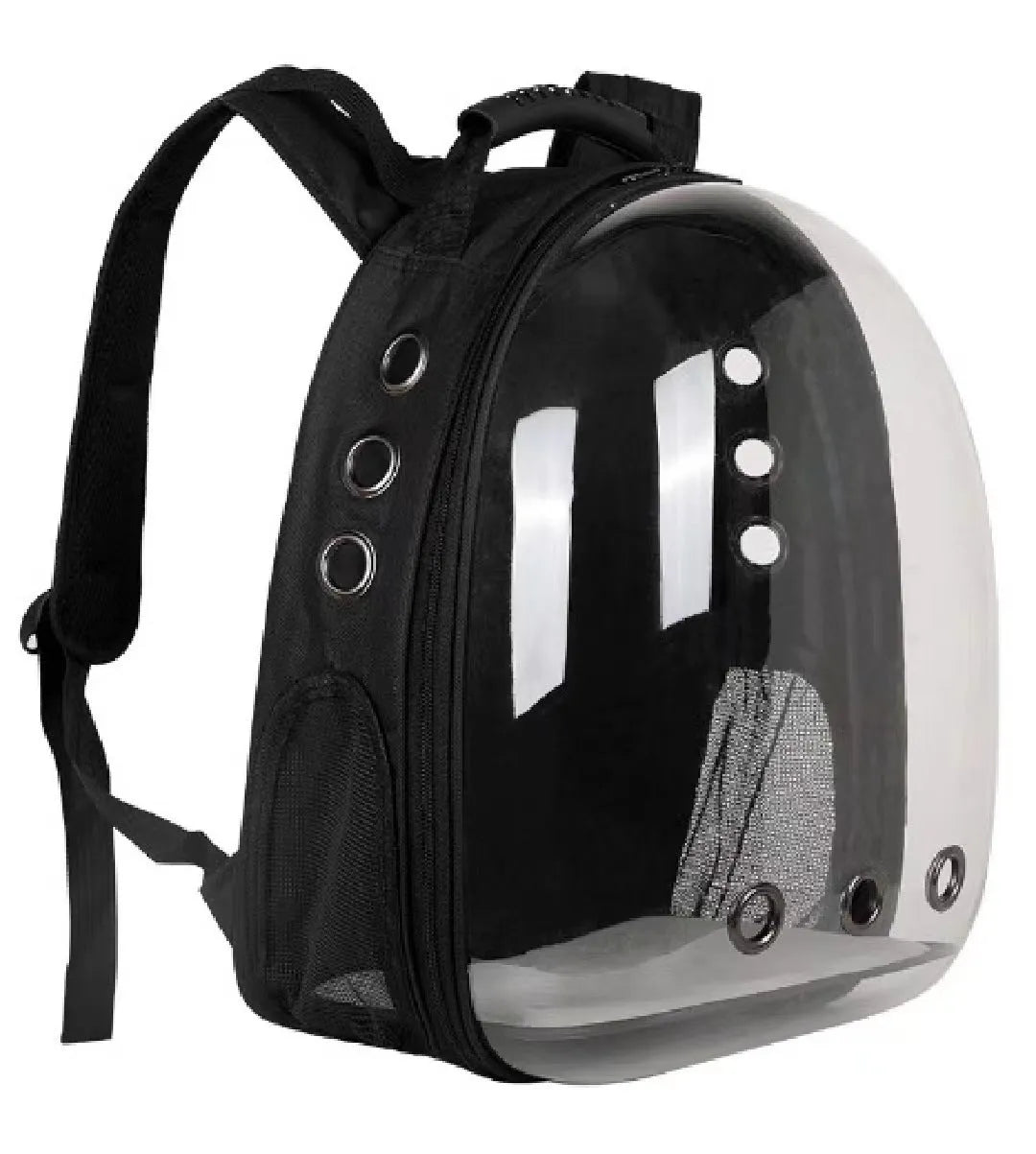 Grey astronaut-style structured cat carrier bag with a side-opening door