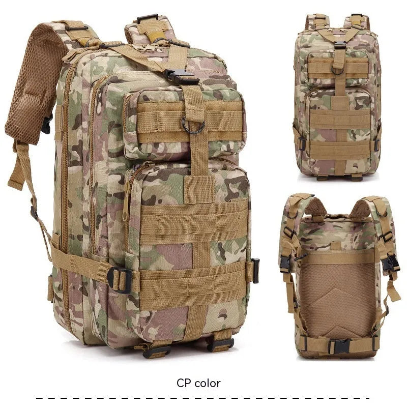 Large khaki hiking backpack with air pillow belt system for off-road mountaineering and outdoor sports