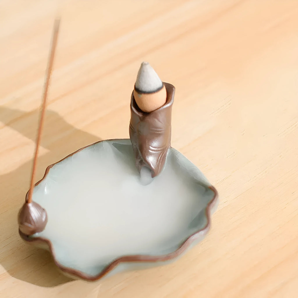 Square ceramic incense burner with purple clay base featuring crystal glaze good luck patterns and lotus designs