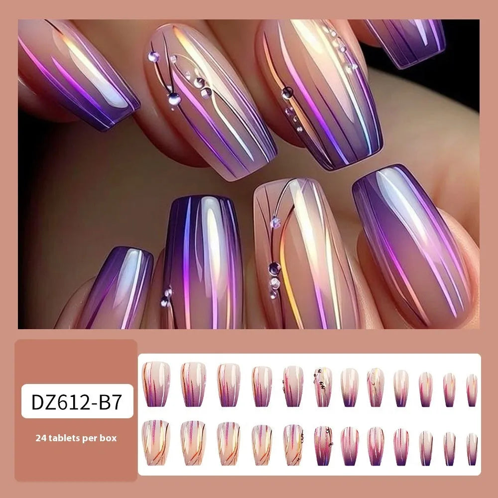 Magic purple gradient nail stickers with starry sky pattern, shown on short nails.