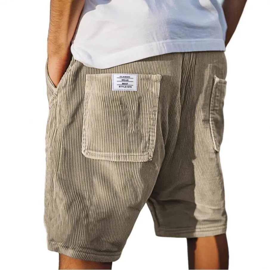 Men's straight-leg corduroy shorts with multi-pockets and embroidery detail in various colours