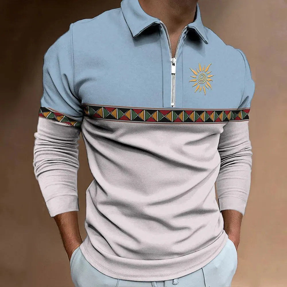 Men's striped retro print golf t-shirt with long sleeves and zipper details in loose fit