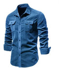 Men's blue linen long sleeve casual shirt on a hanger, showing button front and collar.