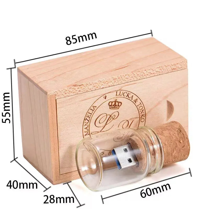 Transparent glass bottle USB flash drive with a wooden stopper cap, 60mm long.