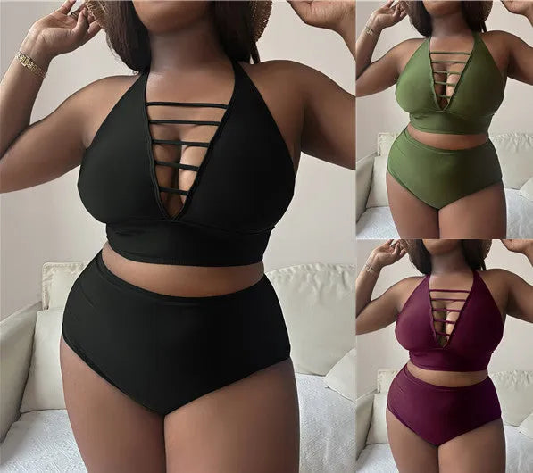 Plus size woman in a solid green halter bikini with adjustable straps and high waist briefs.