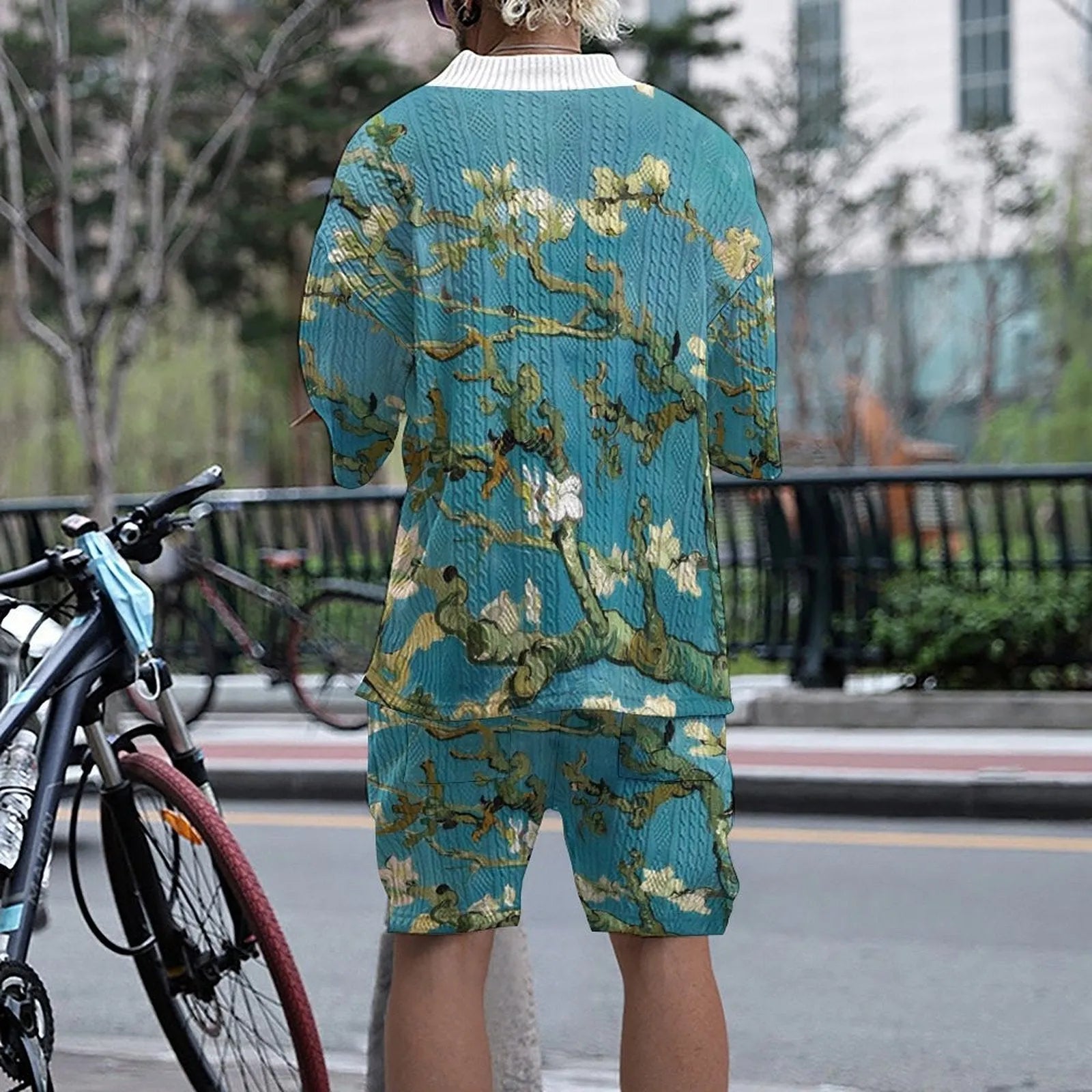 Men's peacock blue casual suit with 3D printed design on knitted shorts and matching T-shirt