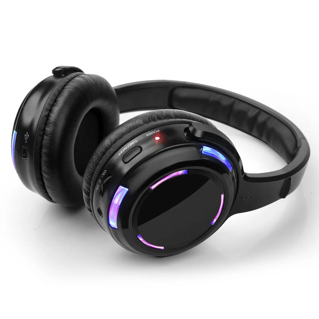 Black silent disco wireless headphones with 40mm drivers and 3.5mm plug