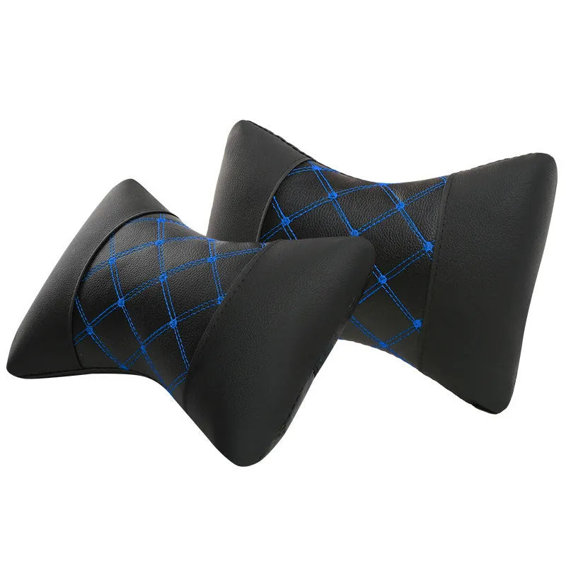 Black leather quilted car headrest pillow with contrast piping for cervical neck support