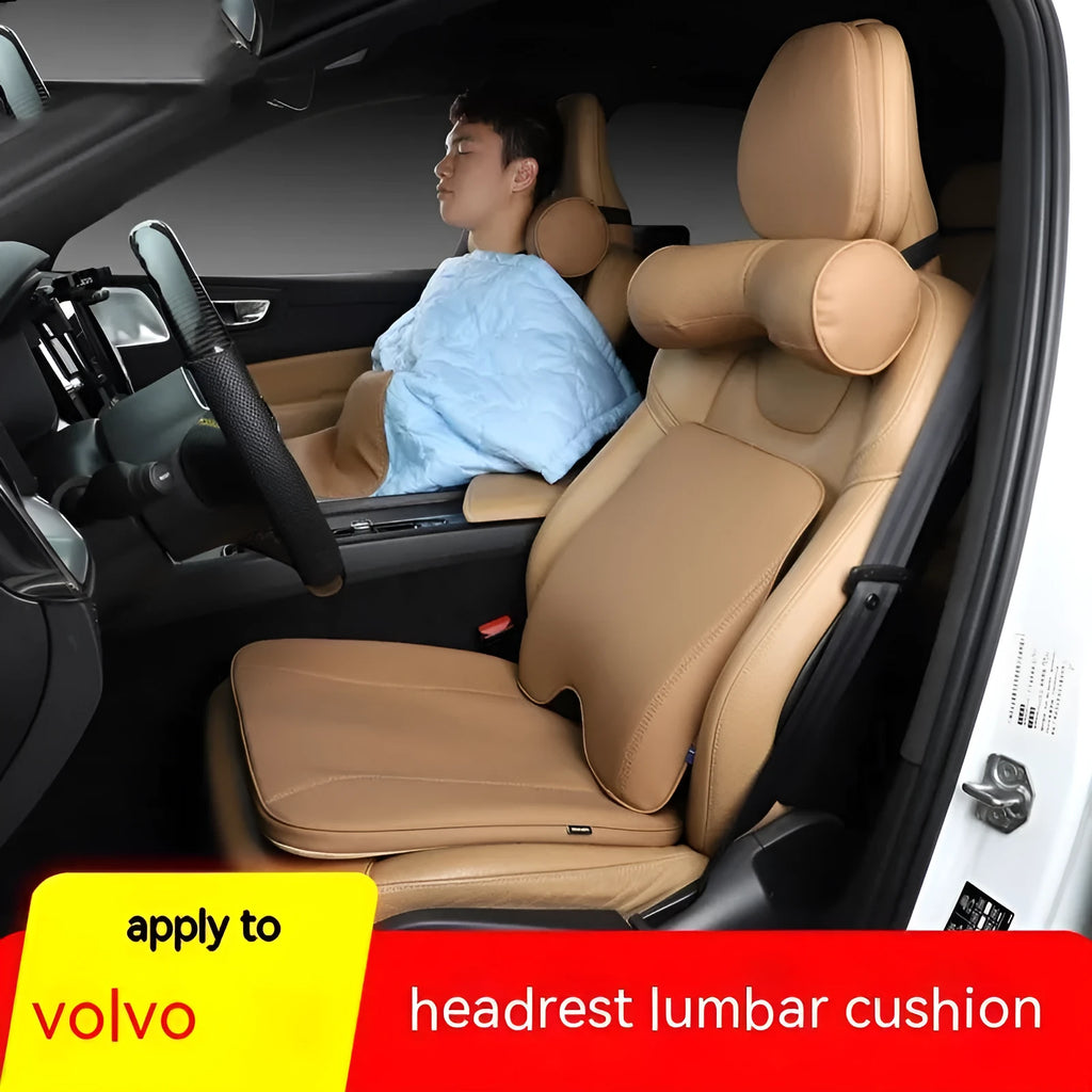 Car seat comfort set showing headrest, neck pillow and lumbar cushion components in neutral colours