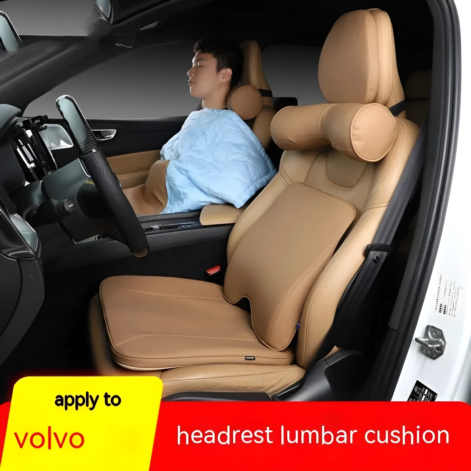 Car seat comfort set showing headrest, neck pillow and lumbar cushion components in neutral colours