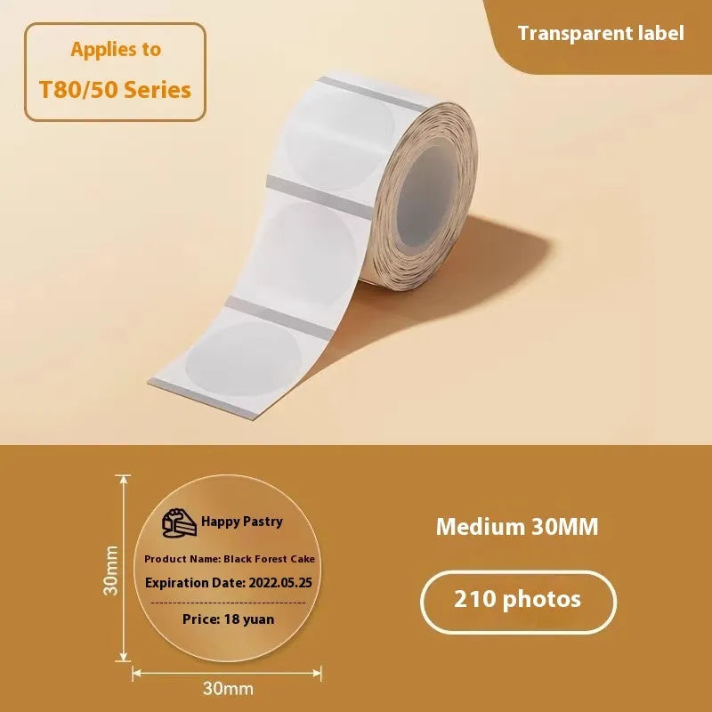 Transparent waterproof adhesive label stickers in multiple rectangular and circular sizes on thermal synthetic paper