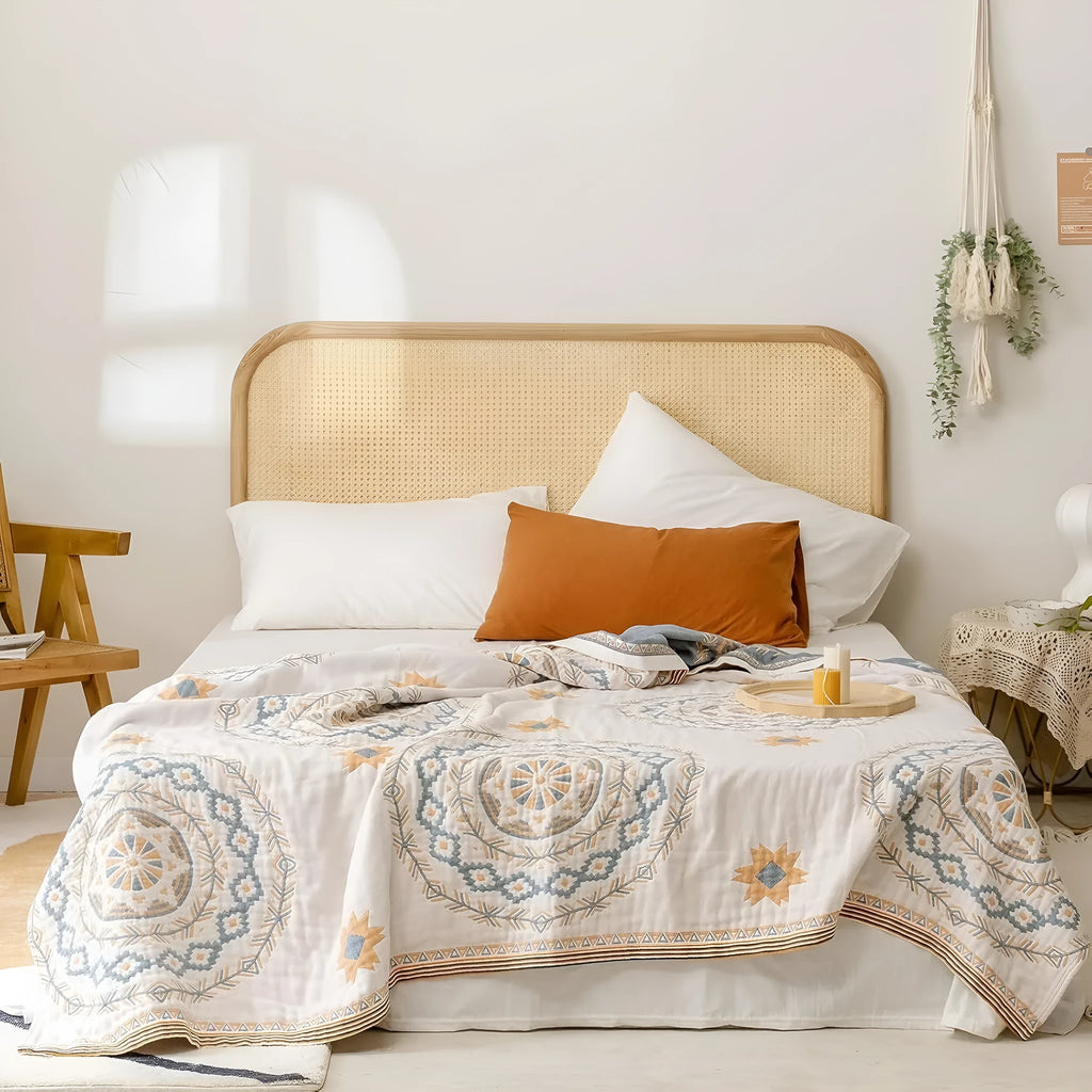 Cotton geometric pattern towel blanket laid flat, showing modern simplicity design
