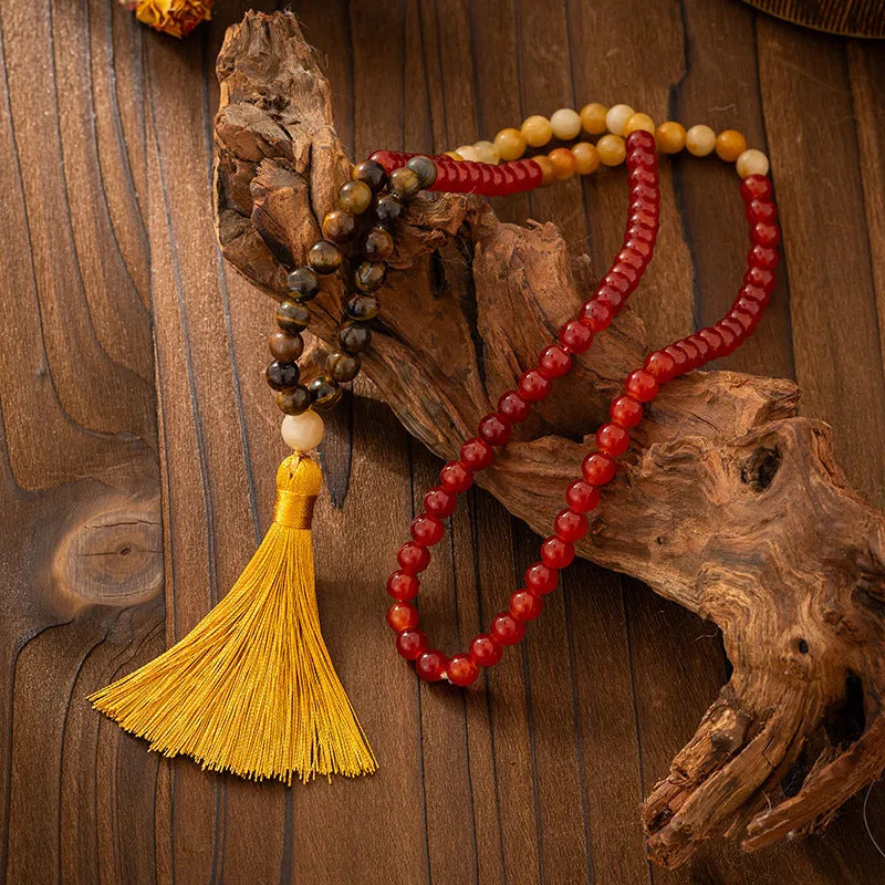 Vintage tassel bohemian style natural stone beaded long sweater chain necklace with geometric beads
