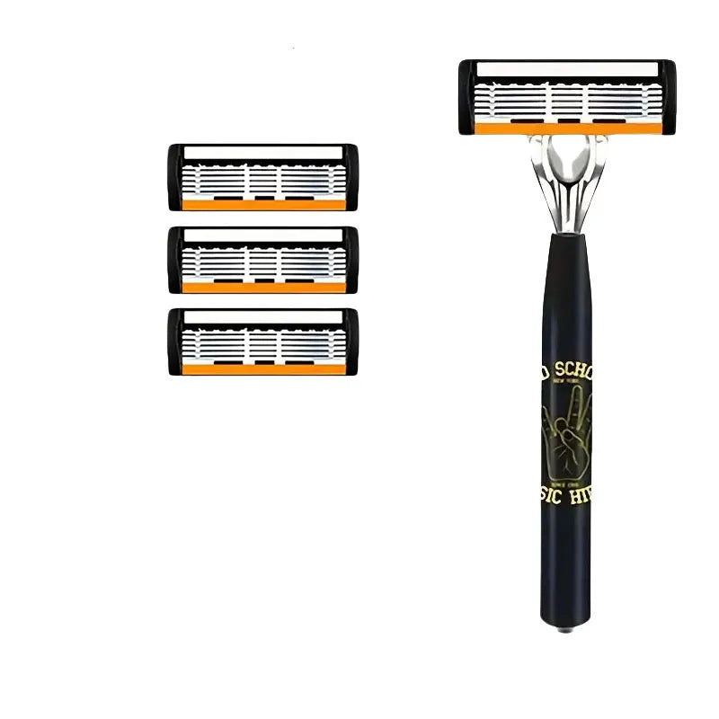 Black six-layer finger handle for manual shaver holder with assorted blade packs.