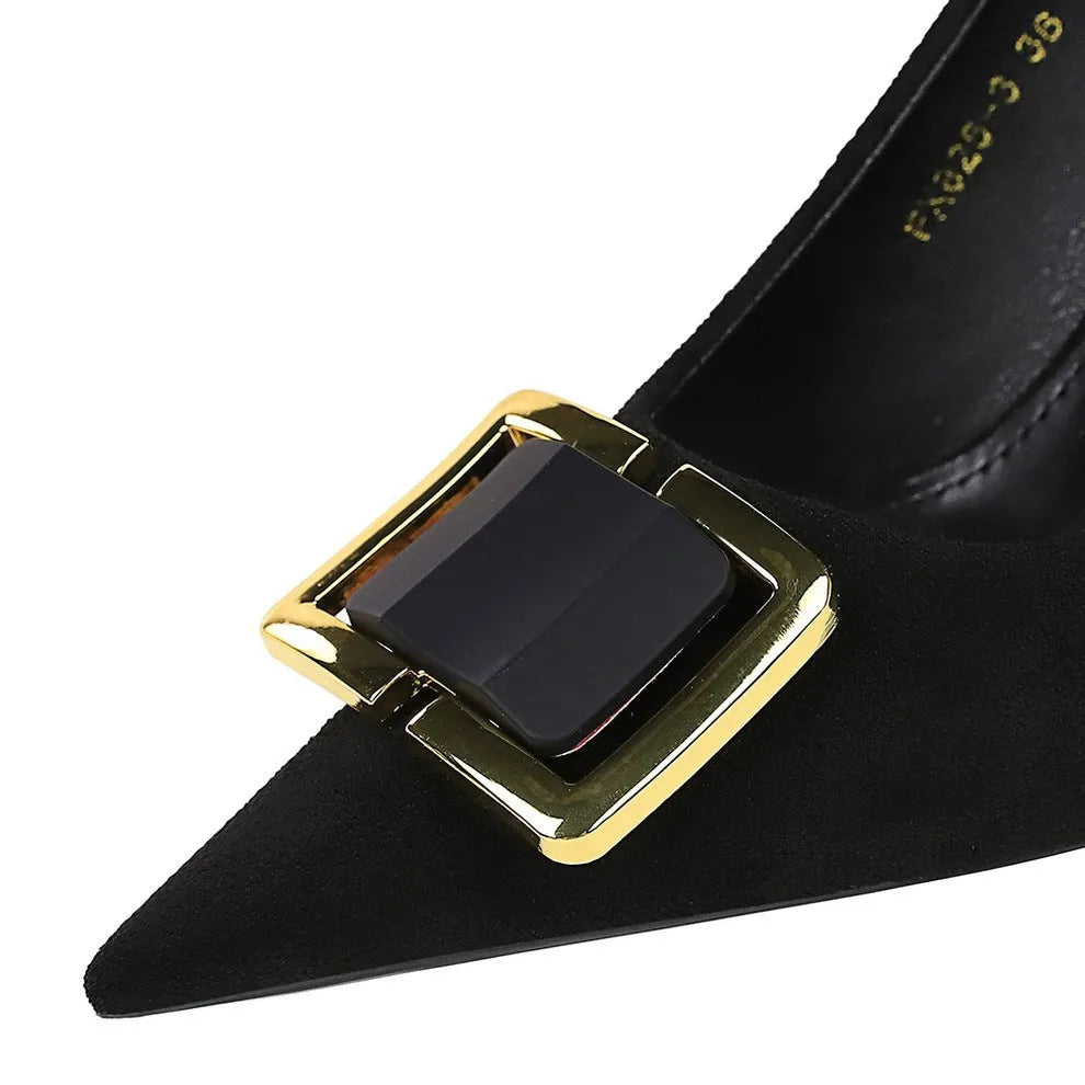 Black suede women's court shoes with a 9cm stiletto heel and pointed toe.