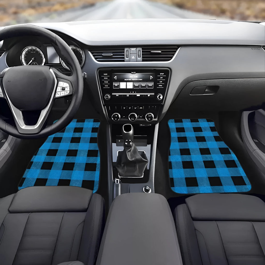 Black universal car rubber floor mat set, 4 pieces with printed pattern and 20mm thickness.