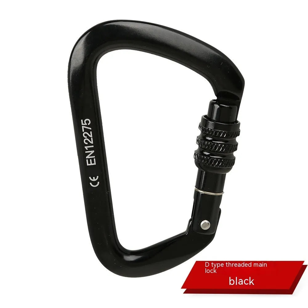 D-shaped rock climbing carabiner main lock with choice of threaded or automatic gate closure, shown in multiple colours.