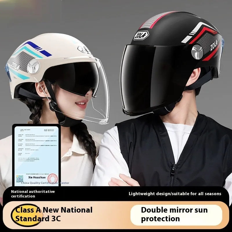 3C certified ABS motorcycle half helmet with a dual mirror sun visor shown in a light brown colour variant.