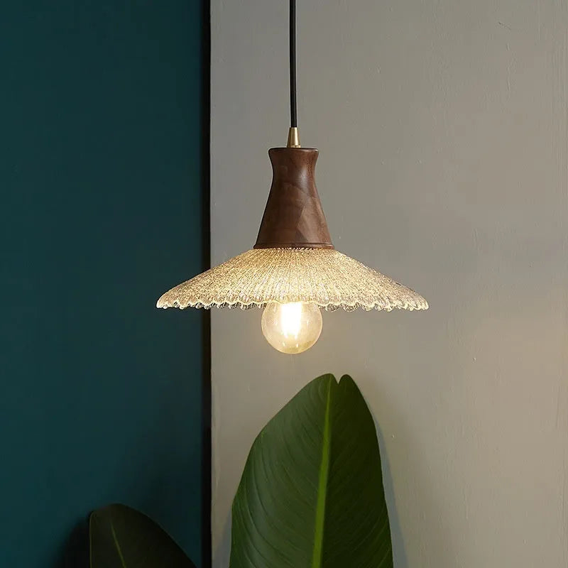 Wood and brass electroplated chandelier with glass shade in three sizes for commercial lighting