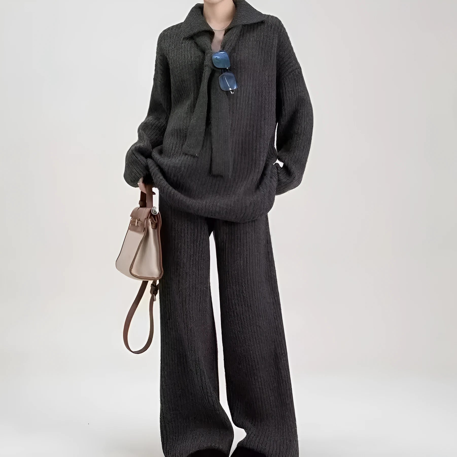 Acrylic fibre knit two-piece set with long sleeves in beige, dark coffee, dark grey or grey