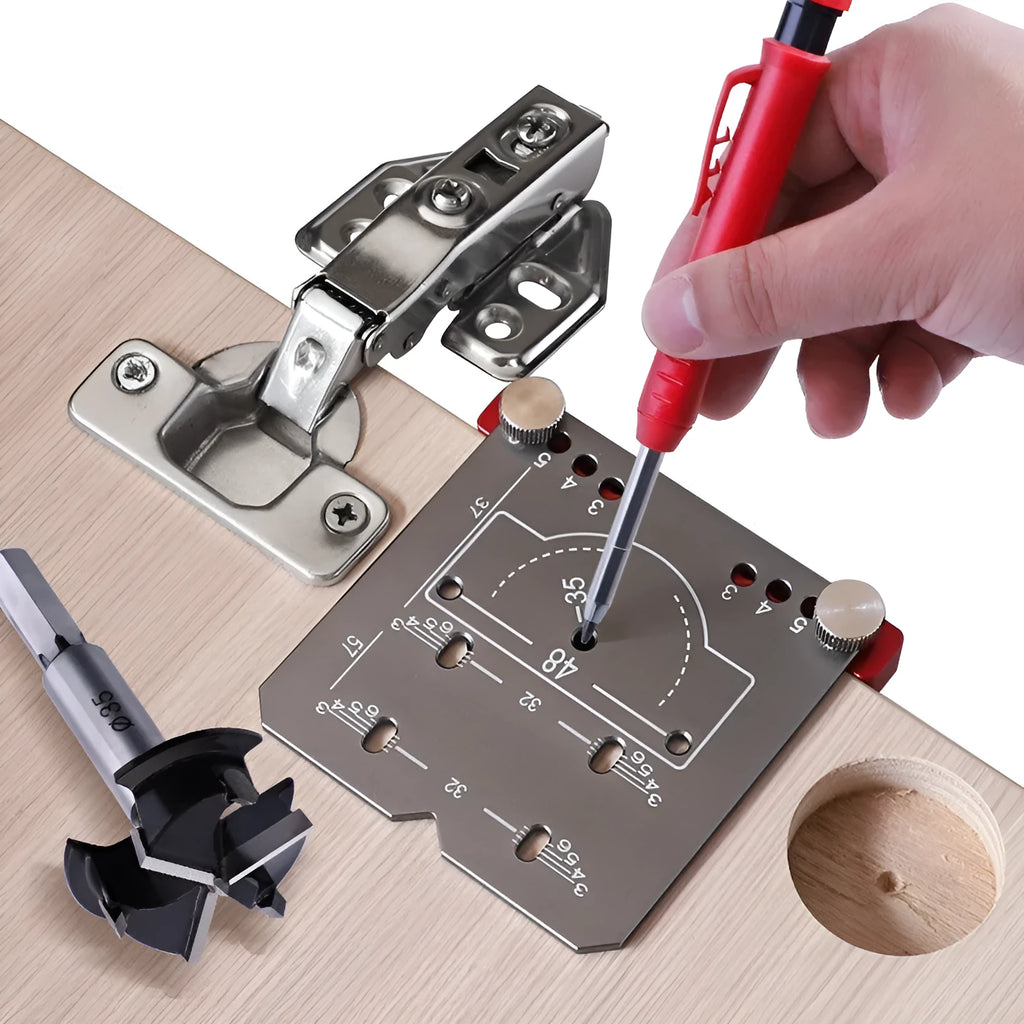 Red aluminium alloy hinge locating rule for installing 35mm cabinet door hinges with adjustable margin settings.