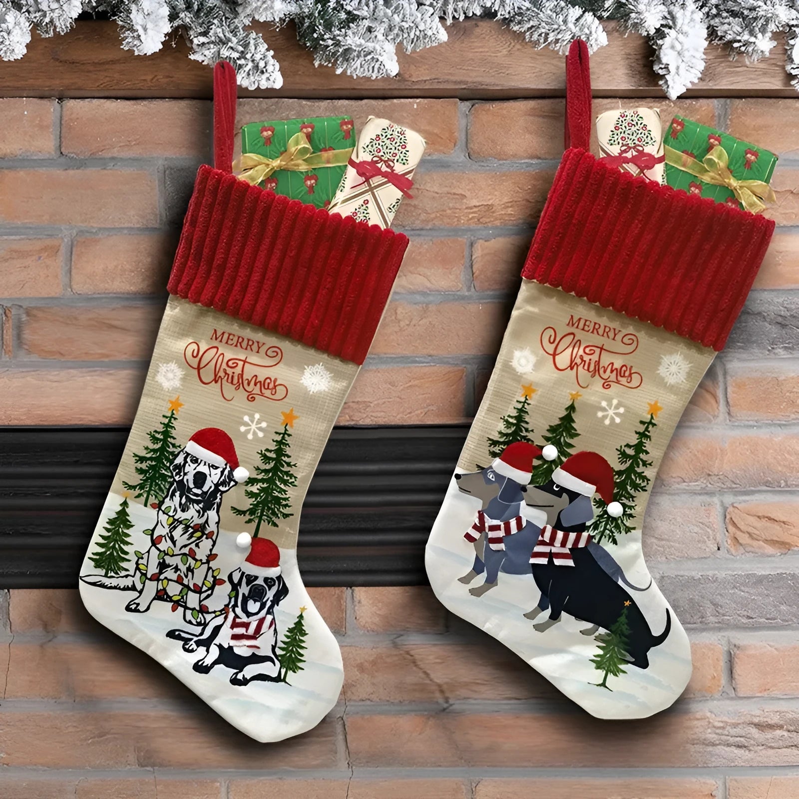 Cloth Christmas tree pendant ornament with pet and gift motifs measuring 46 by 28 centimetres