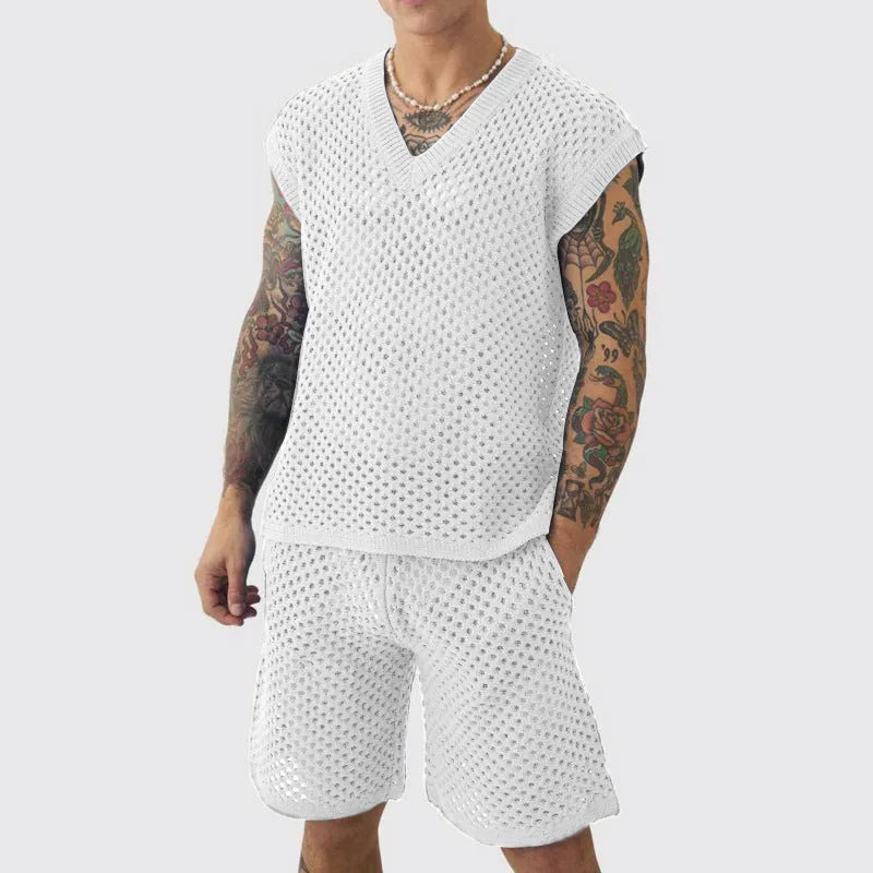 Men's blue V-neck vest and shorts sports suit for summer athletic wear