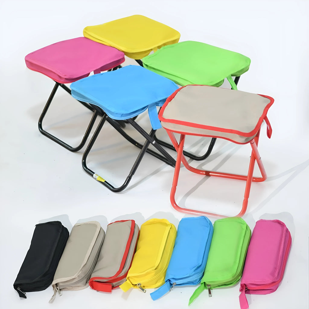 Lightweight foldable camp chair stool in Oxford cloth, shown in a khaki colour, folded into its compact pencil box shape.