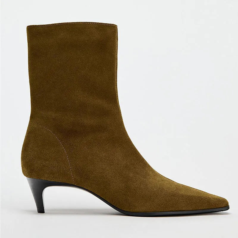 Brown women's square toe mid calf boots with a side zipper and a low kitten heel.