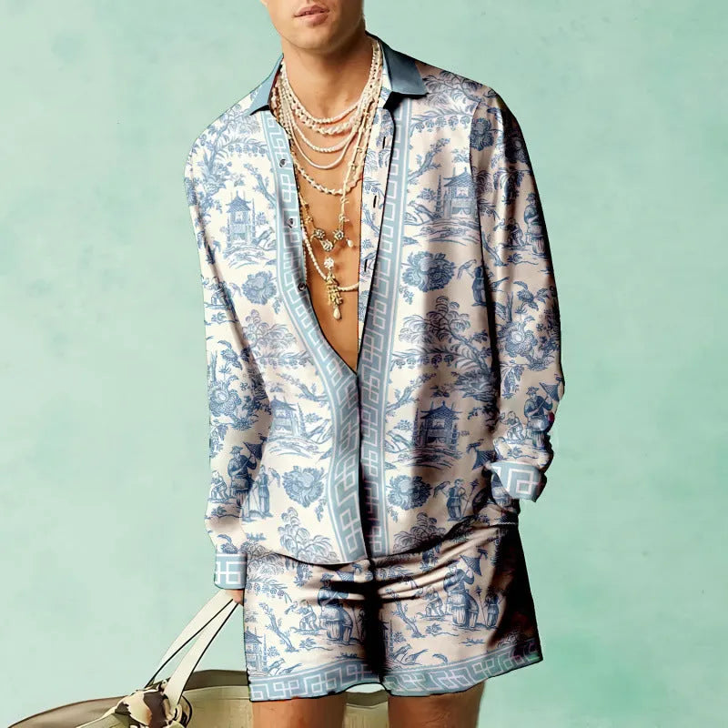 Men's loose fit slim style long sleeve shirt and matching shorts set on a hanger.