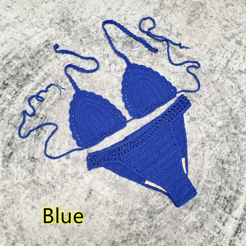 Women's handmade crochet bikini and matching beach skirt swimsuit set in acrylic fabric