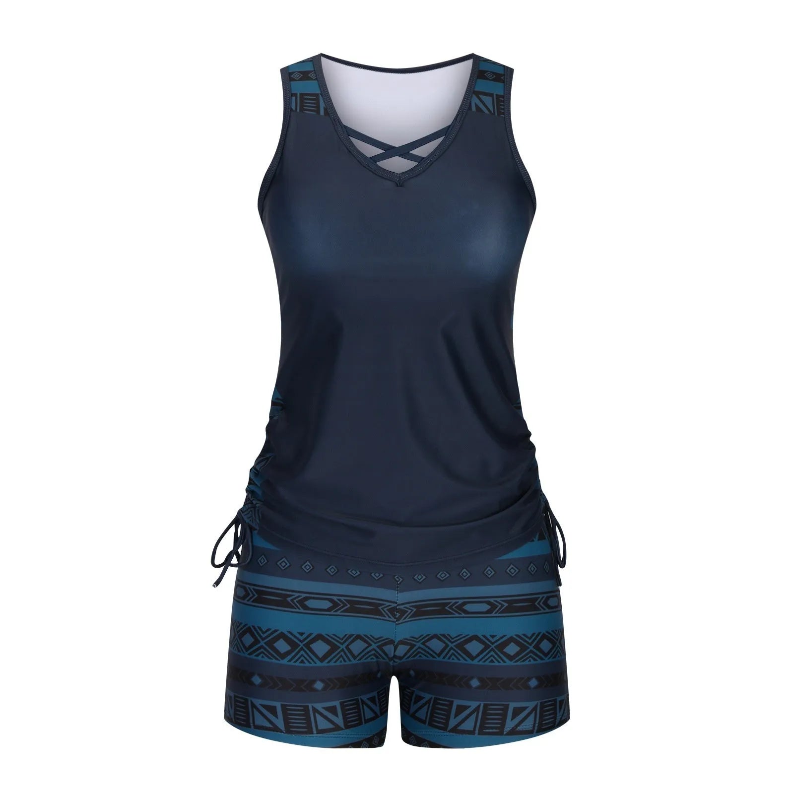 Women's floral printed two-piece swimsuit with sleeveless top and matching shorts in blue or green