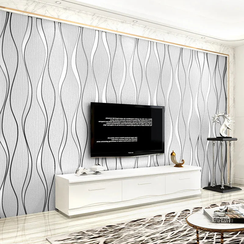 Curve Stripe 3D textured wallpaper roll in dark brown showing raised velvet finish pattern