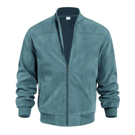 Men's Army Green suede zip-up jacket with a regular fit and standard sleeves on a hanger.