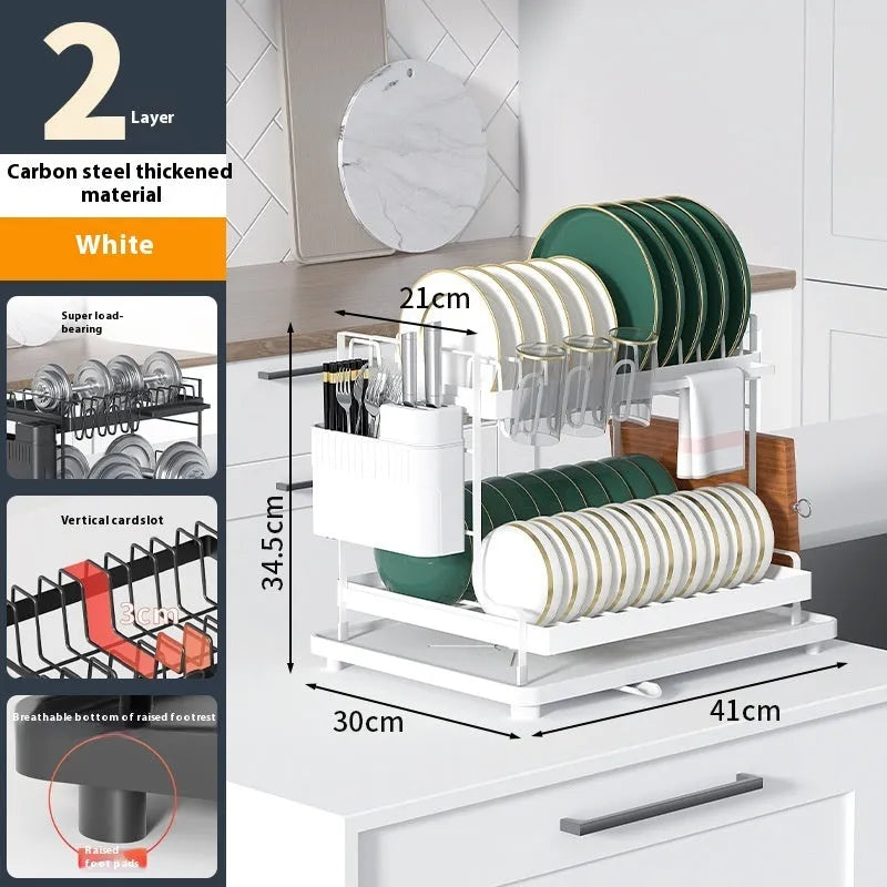 White double-layer removable kitchen draining and storage rack with carbon steel construction