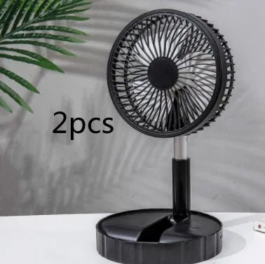 Black portable telescopic folding fan extended to full height showing ABS plastic body and aluminium alloy stand