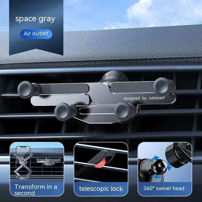 Aluminium alloy car phone mount with silicone grips shown attached to vehicle air vent